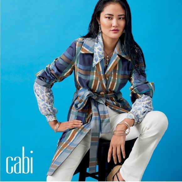 Cabi Blue & Tan Plaid Highclere Trench Jacket. Size Medium. NWOT - Picture 1 of 12